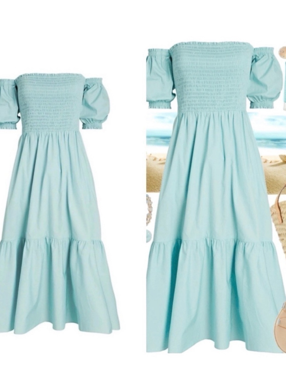 INTERMIX Light Aqua Off-Shoulder Smocked Midi Dress